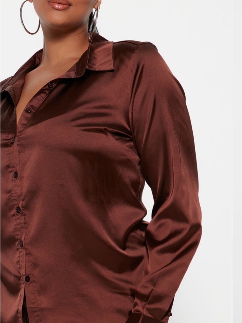 Fashion Nova Satin Button-Down Shirt in Chocolate Brown